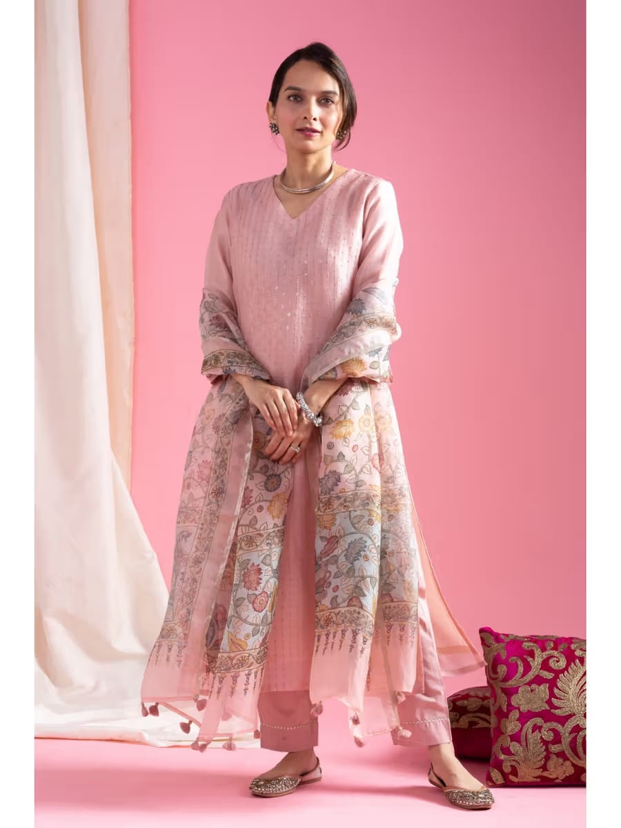 Women's Pastel Pink Chanderi Silk Sequin Embroidered Kurta Set with Botanical Printed Organza Dupatta