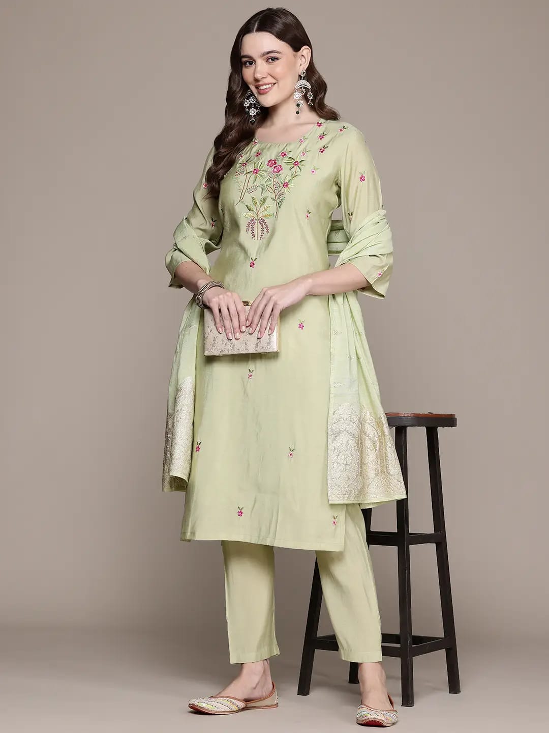 Women’s Pistachio Green Embroidered Kurta Pant Set with Dupatta