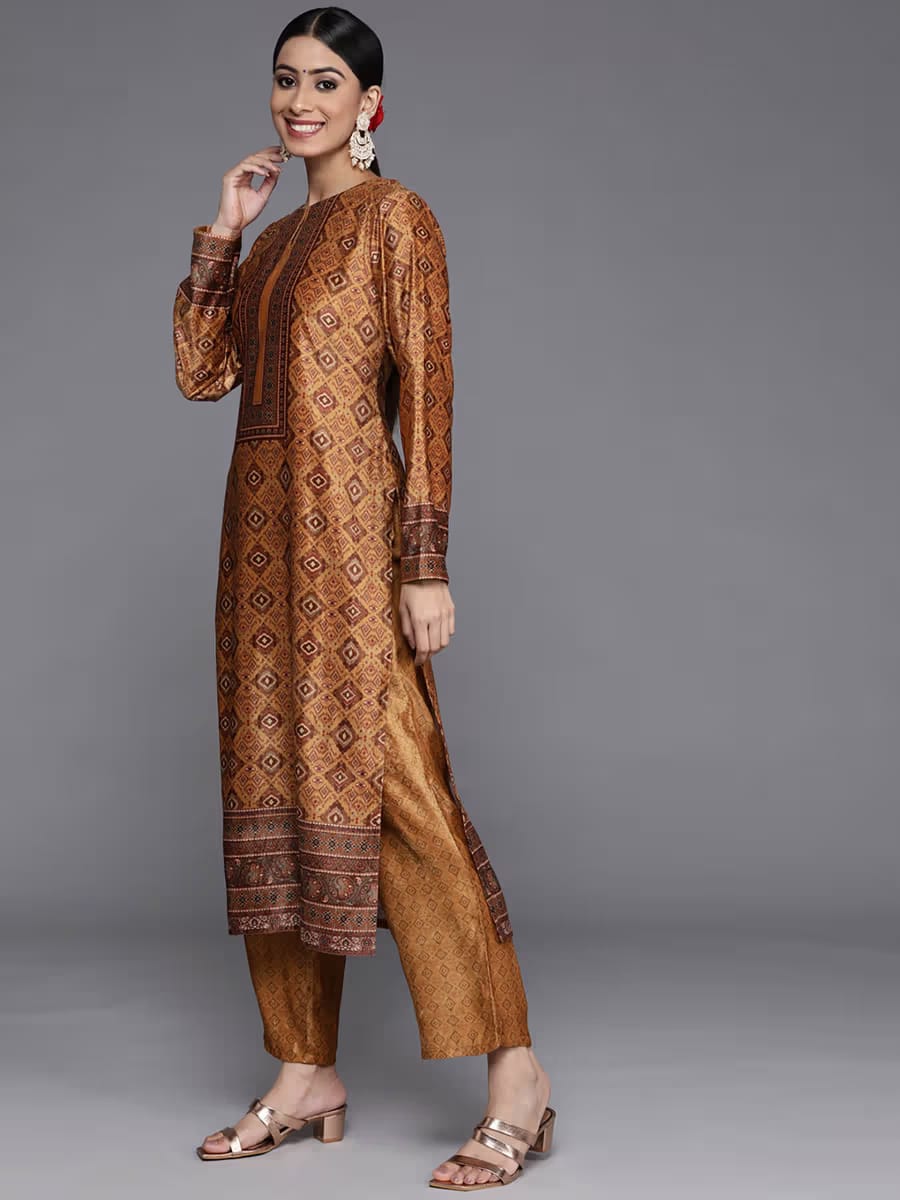 Women’s Mustard Brown Ethnic Printed Kurta Set with Straight Pants