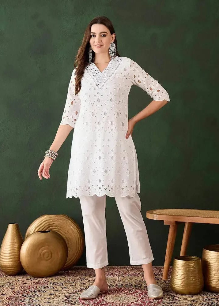 Women’s White Schiffli Embroidered Kurta Set