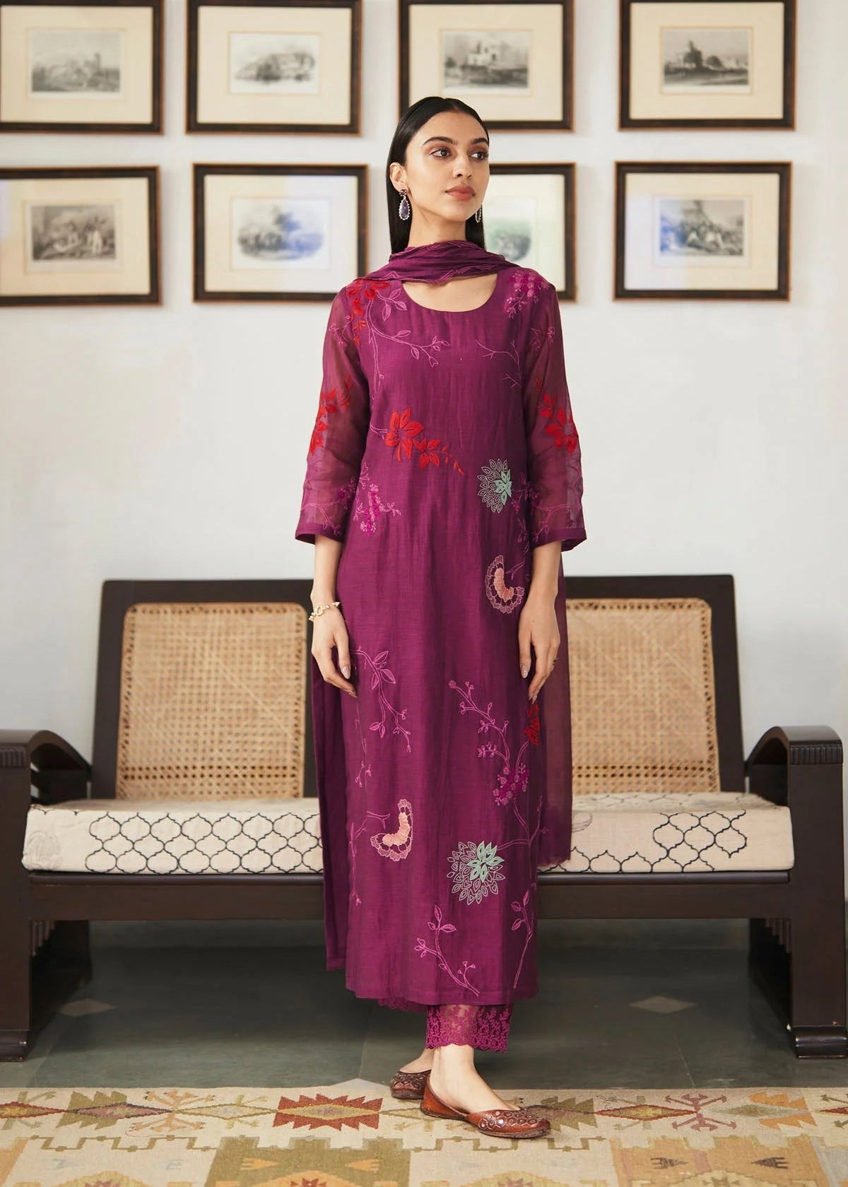 Women’s Wine Purple Floral Embroidered Kurta Set