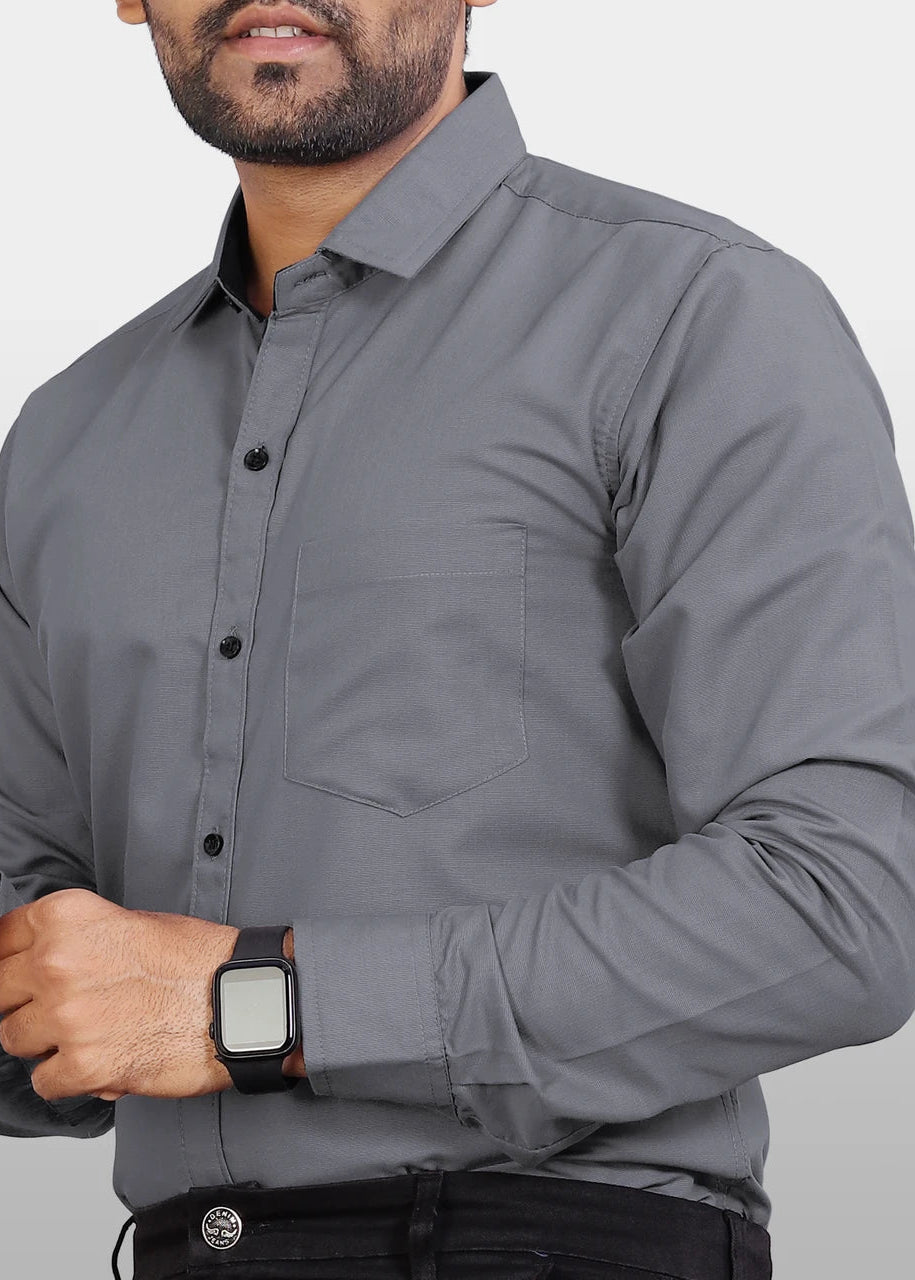 Men's Shirt Regular Fit Solid Formal Shirt with Black Contrast Detail – Grey