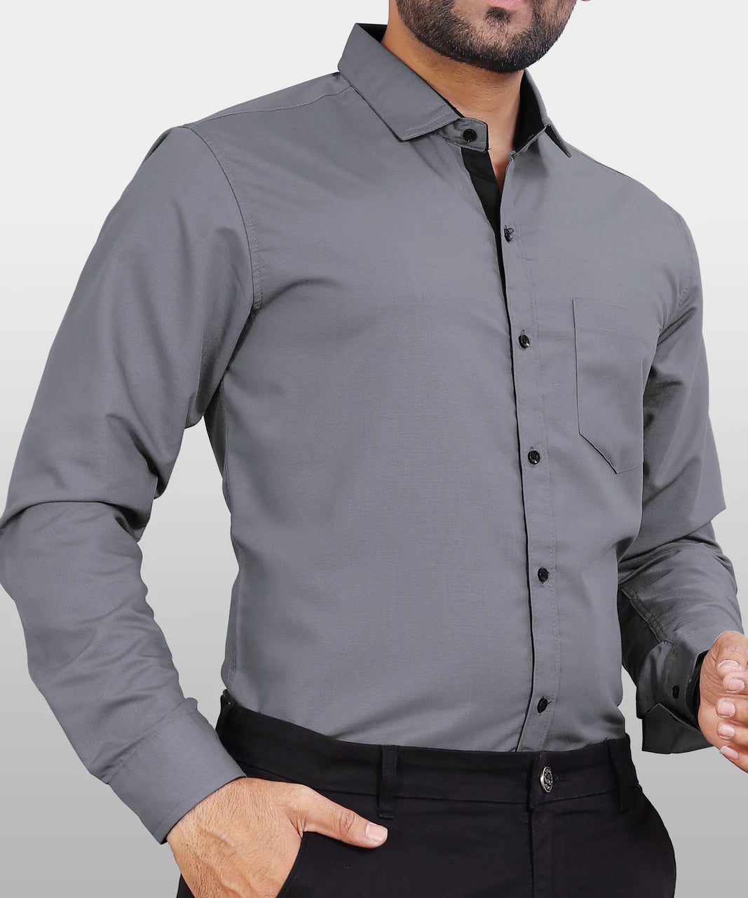 Men's Shirt Regular Fit Solid Formal Shirt with Black Contrast Detail – Grey