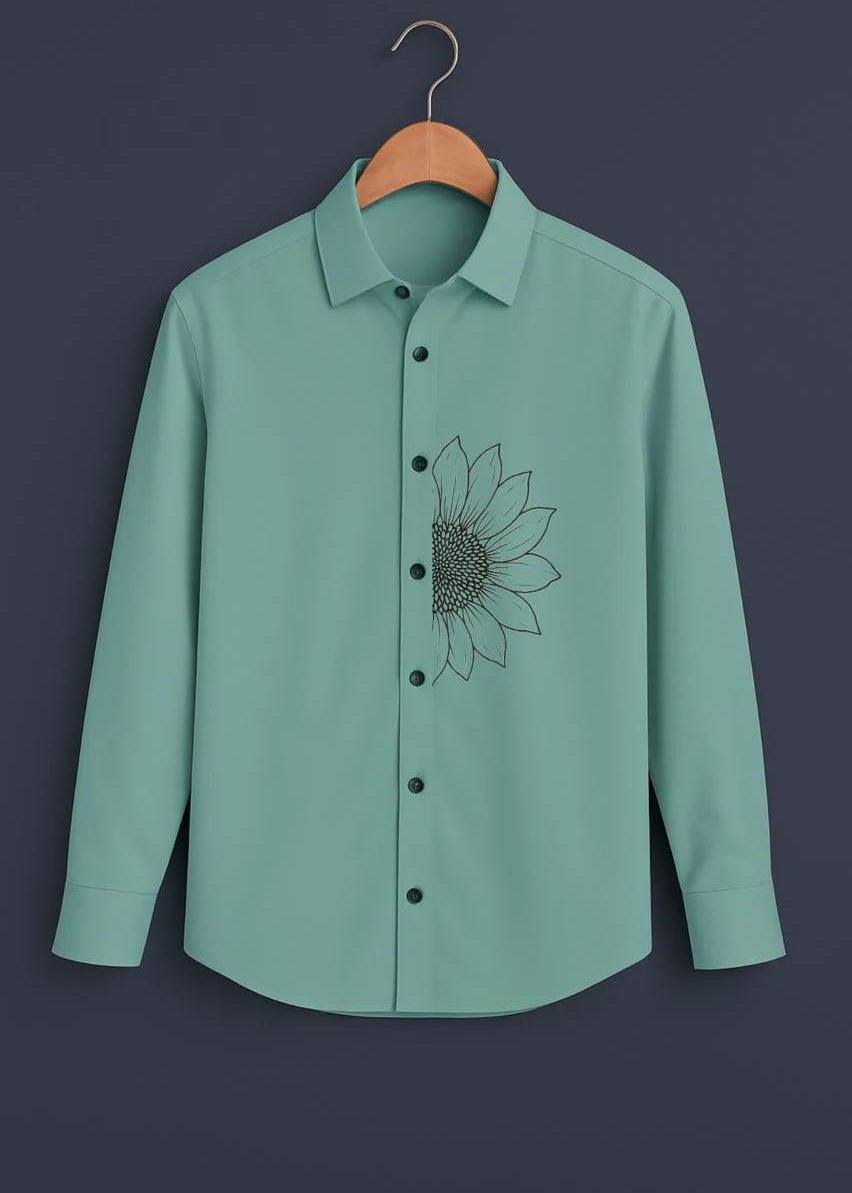 Men’s Mint Green Button-Down Shirt with Minimalist Sunflower Print