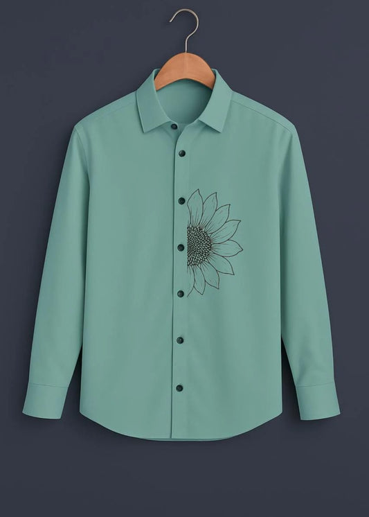 Men’s Mint Green Button-Down Shirt with Minimalist Sunflower Print