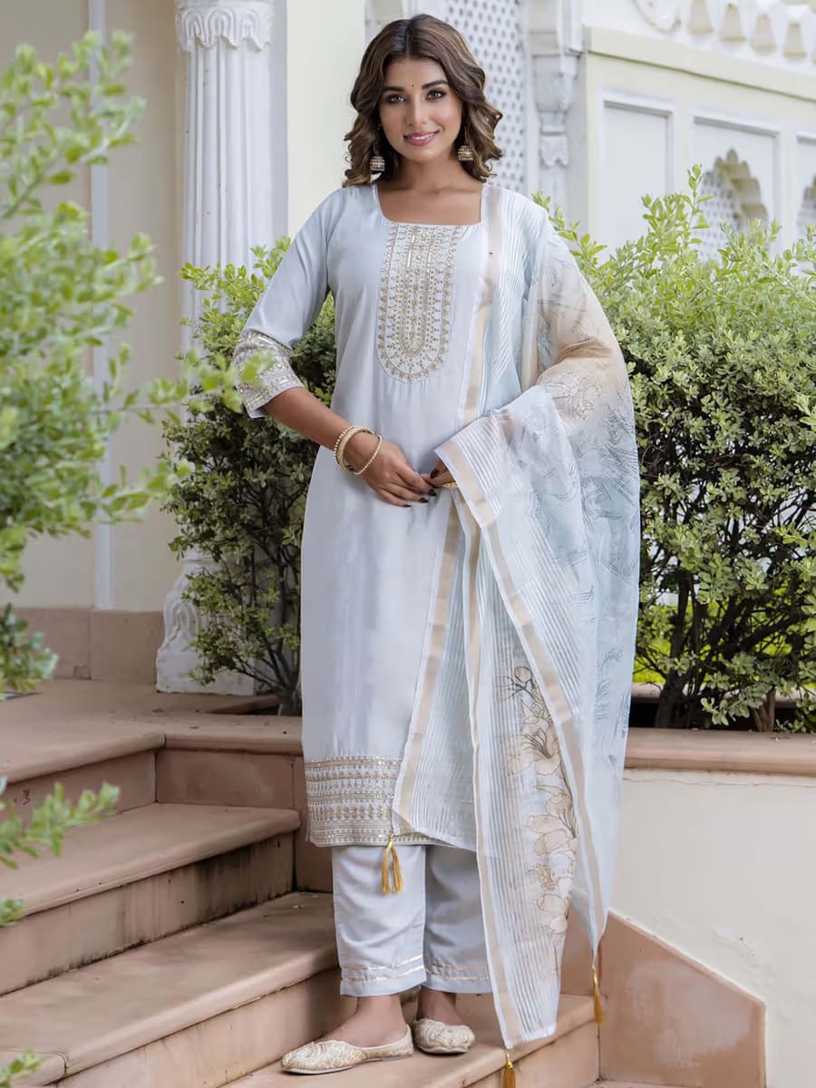 Women’s Light Blue Embroidered Kurta Set with Dupatta