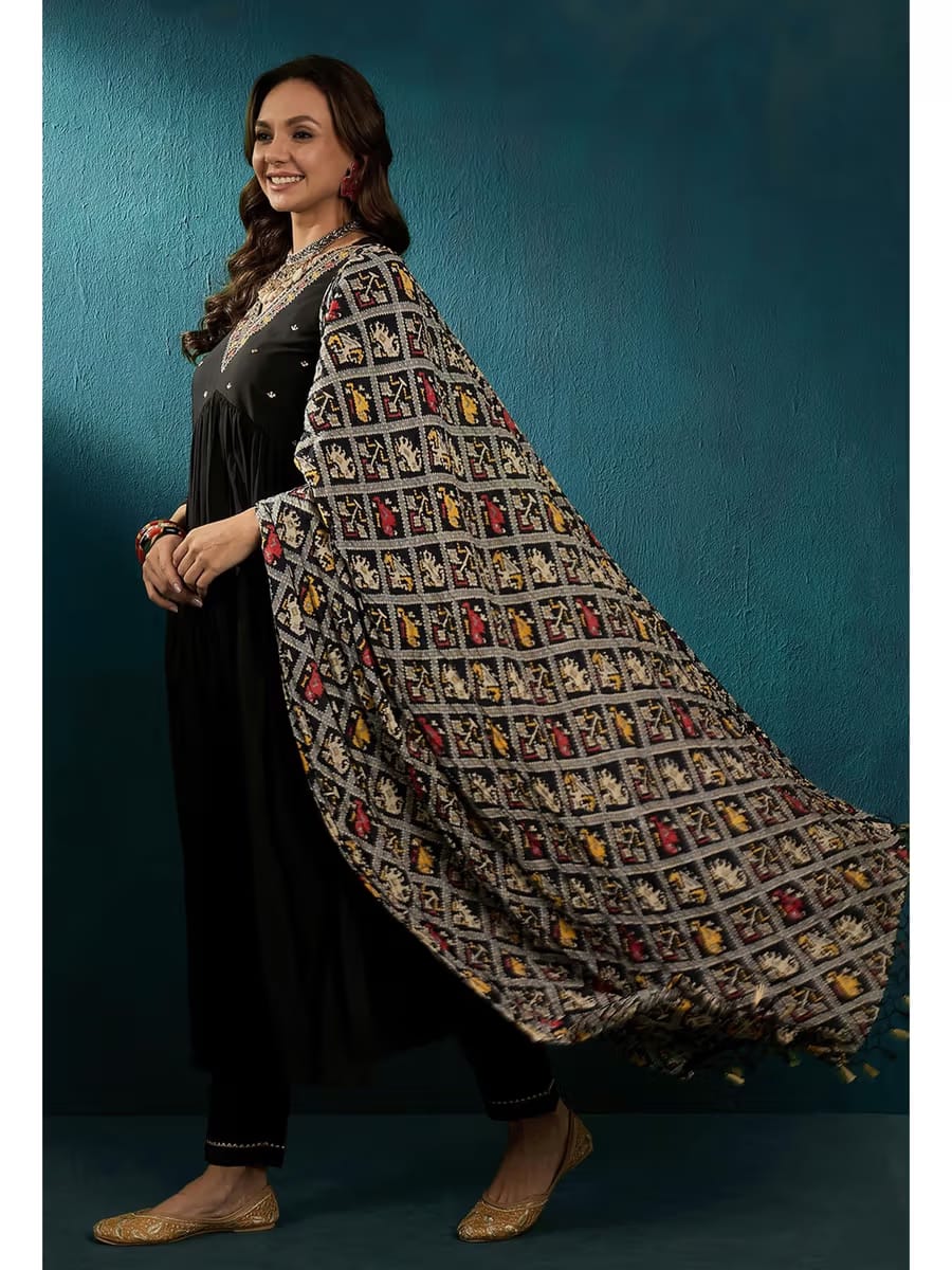 Women’s Black Anarkali Kurta Set with Embroidered Yoke & Printed Dupatta