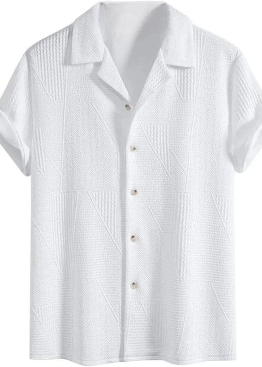 Men’s White Textured Cuban Collar Casual Shirt