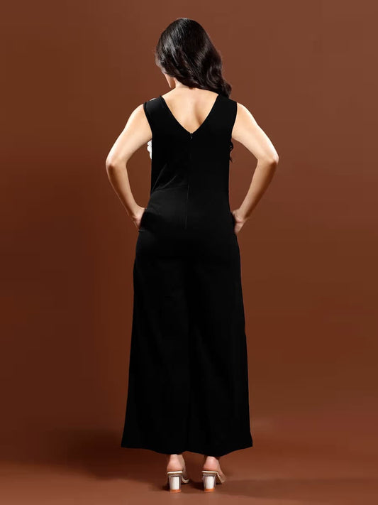 Women’s Black Wide-Leg Jumpsuit with Statement Floral Detail