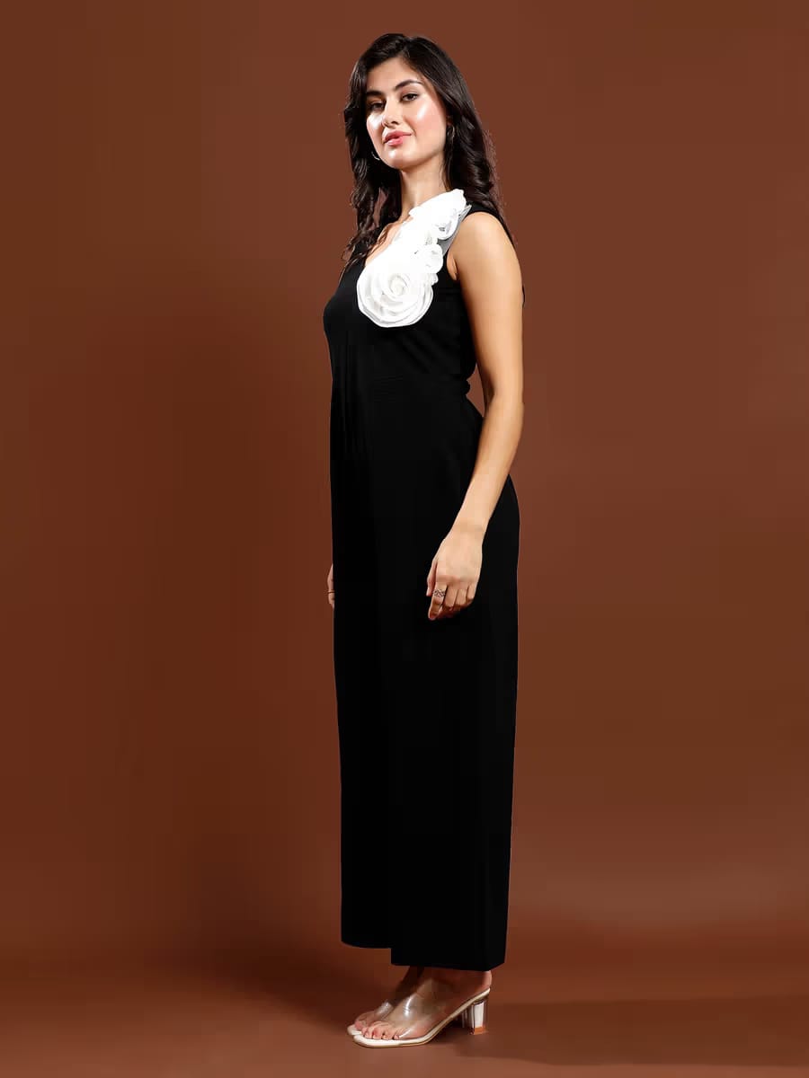 Women’s Black Wide-Leg Jumpsuit with Statement Floral Detail