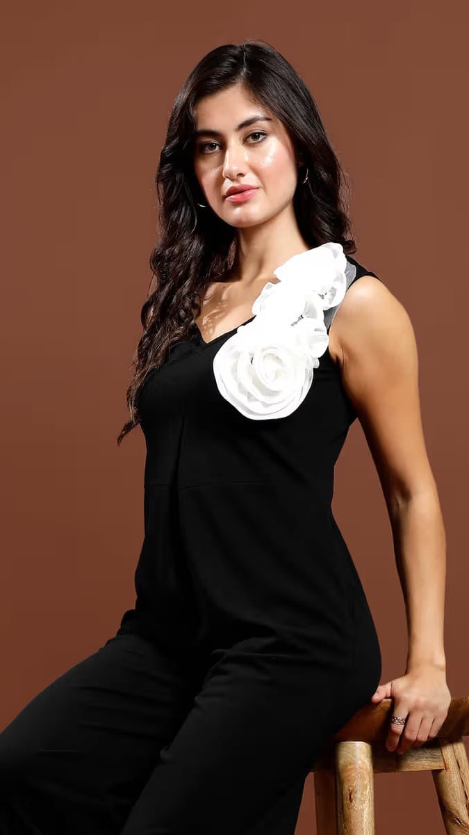 Women’s Black Wide-Leg Jumpsuit with Statement Floral Detail