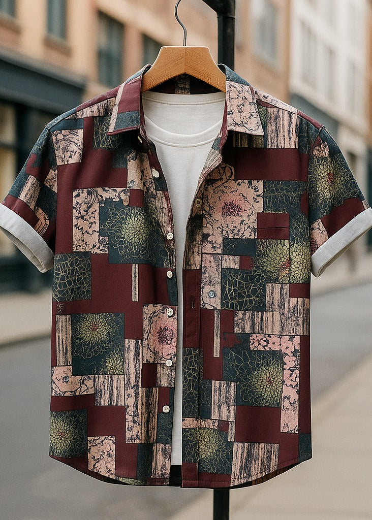 Men’s Multicolor Patchwork Print Short Sleeve Casual Shirt