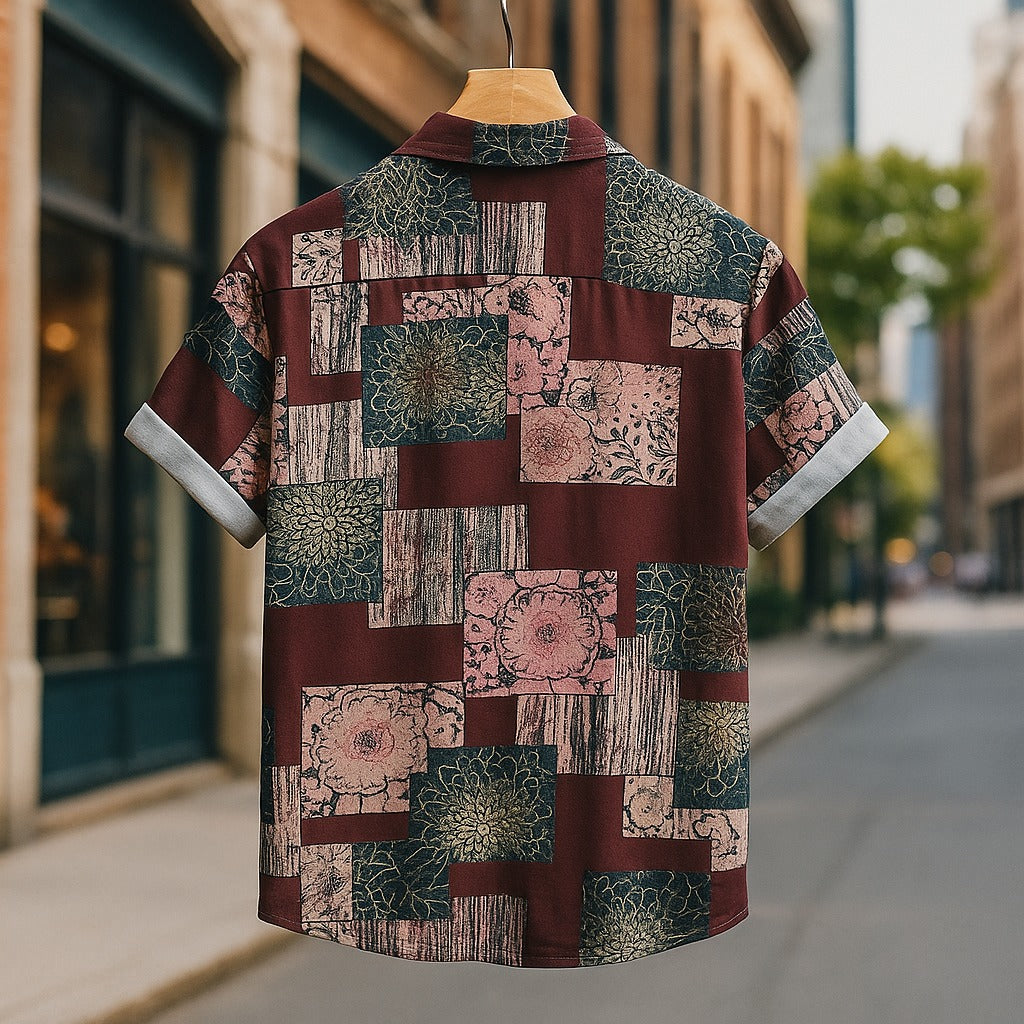 Men’s Multicolor Patchwork Print Short Sleeve Casual Shirt