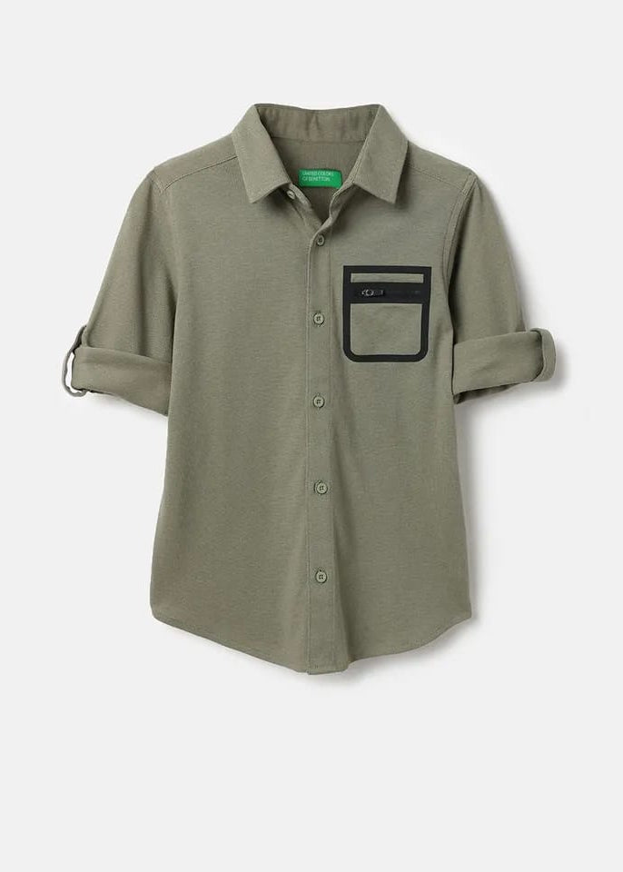 Men’s Olive Green Solid Casual Shirt with Contrast Pocket