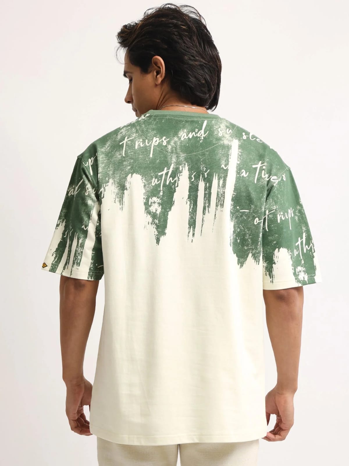 Men’s Green & Off-White Abstract Printed Oversized T-Shirt – Casual Streetwear