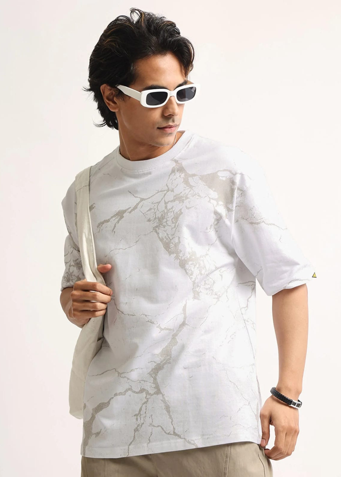 Men’s White Marble Print Oversized T-Shirt – Premium Casual Streetwear