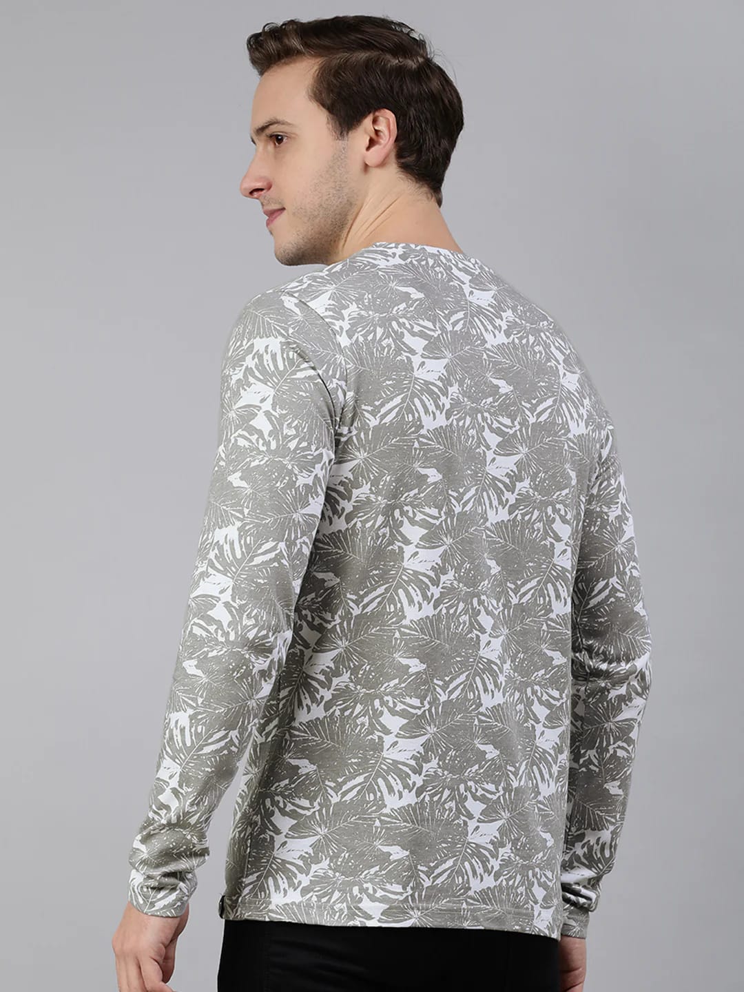 Men’s Grey Tropical Leaf Print Full Sleeve T-Shirt