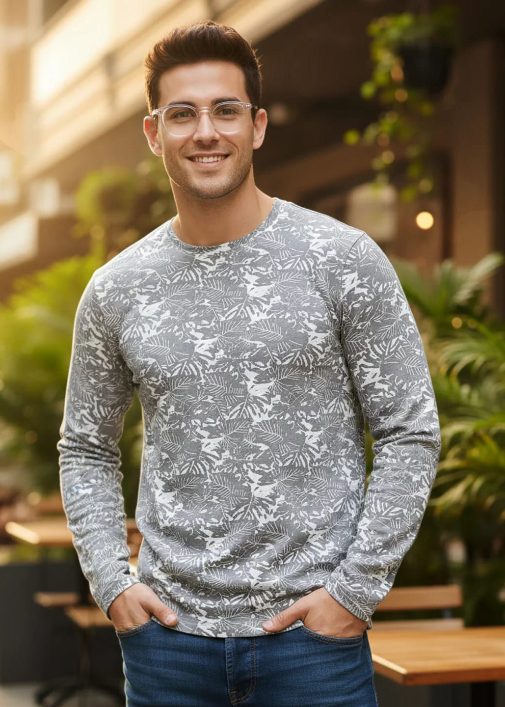 Men’s Grey Tropical Leaf Print Full Sleeve T-Shirt