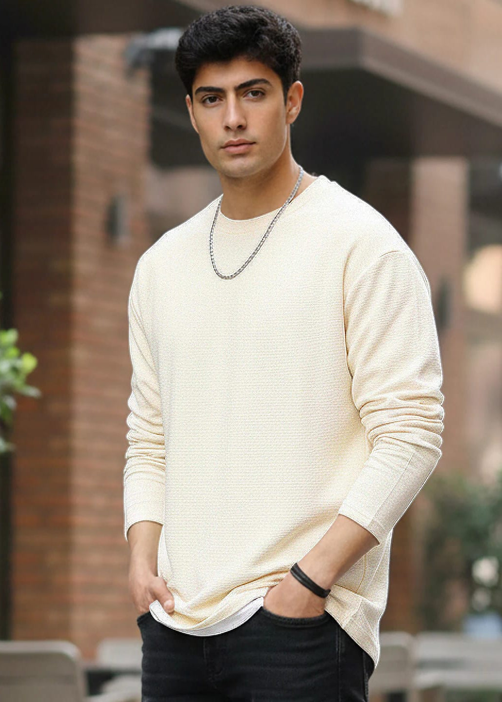 Men’s Solid Off-White Full Sleeve T-Shirt