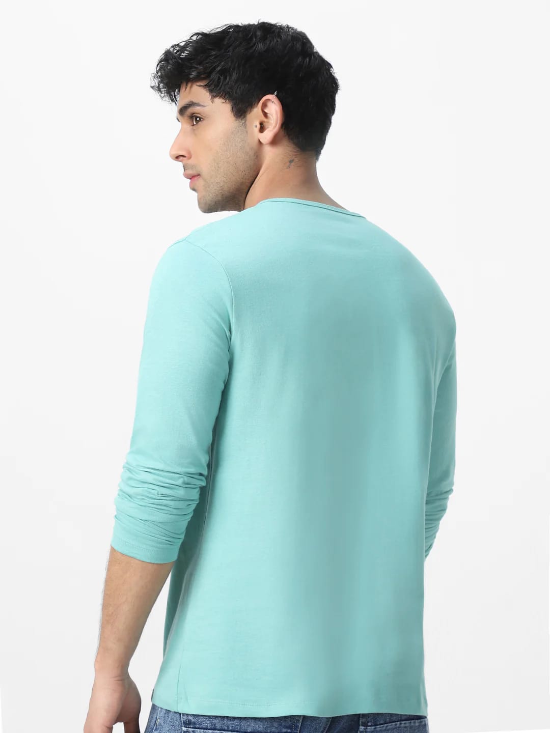 Men’s Solid Mint Green Henley Full Sleeve T-Shirt