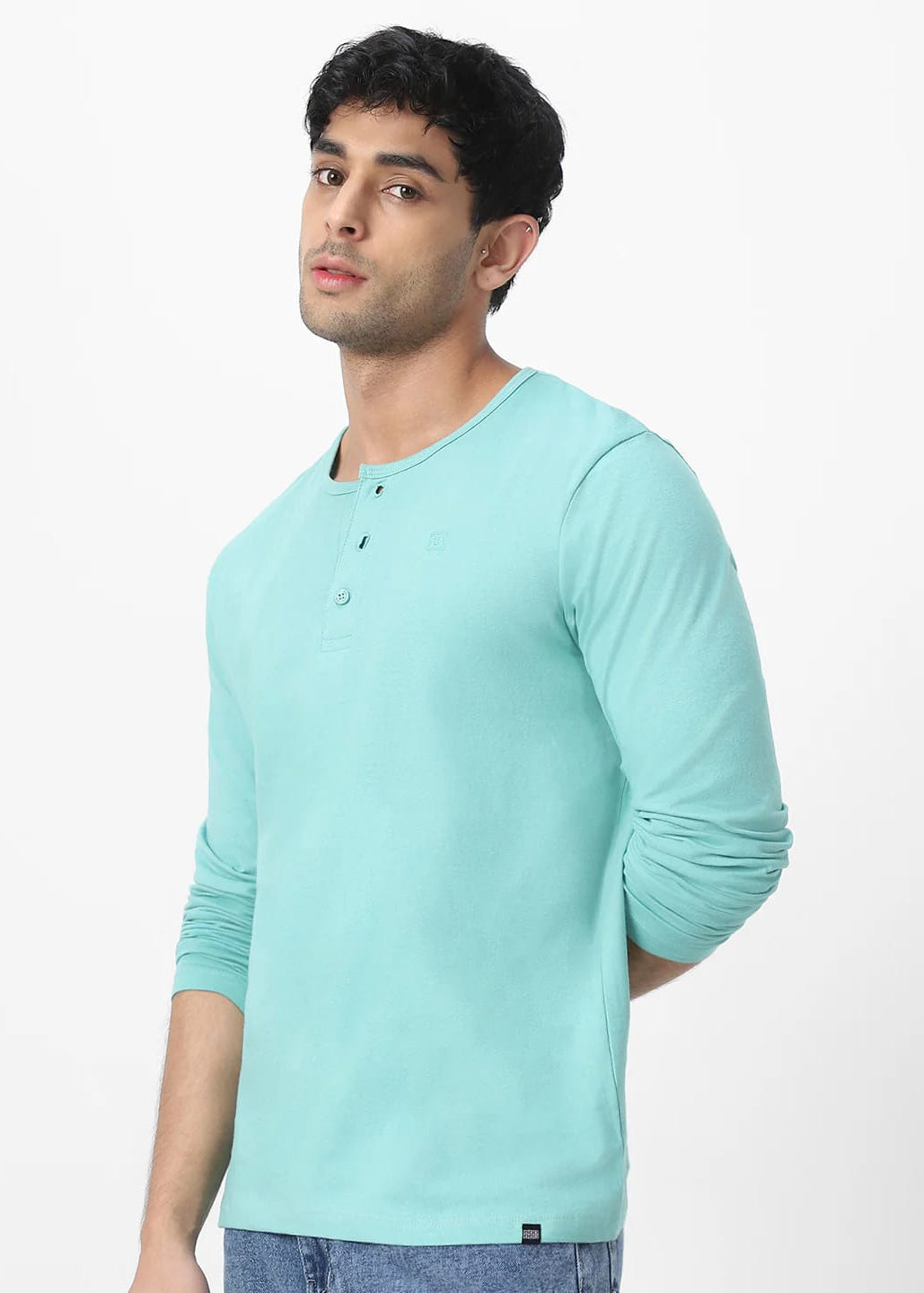 Men’s Solid Mint Green Henley Full Sleeve T-Shirt