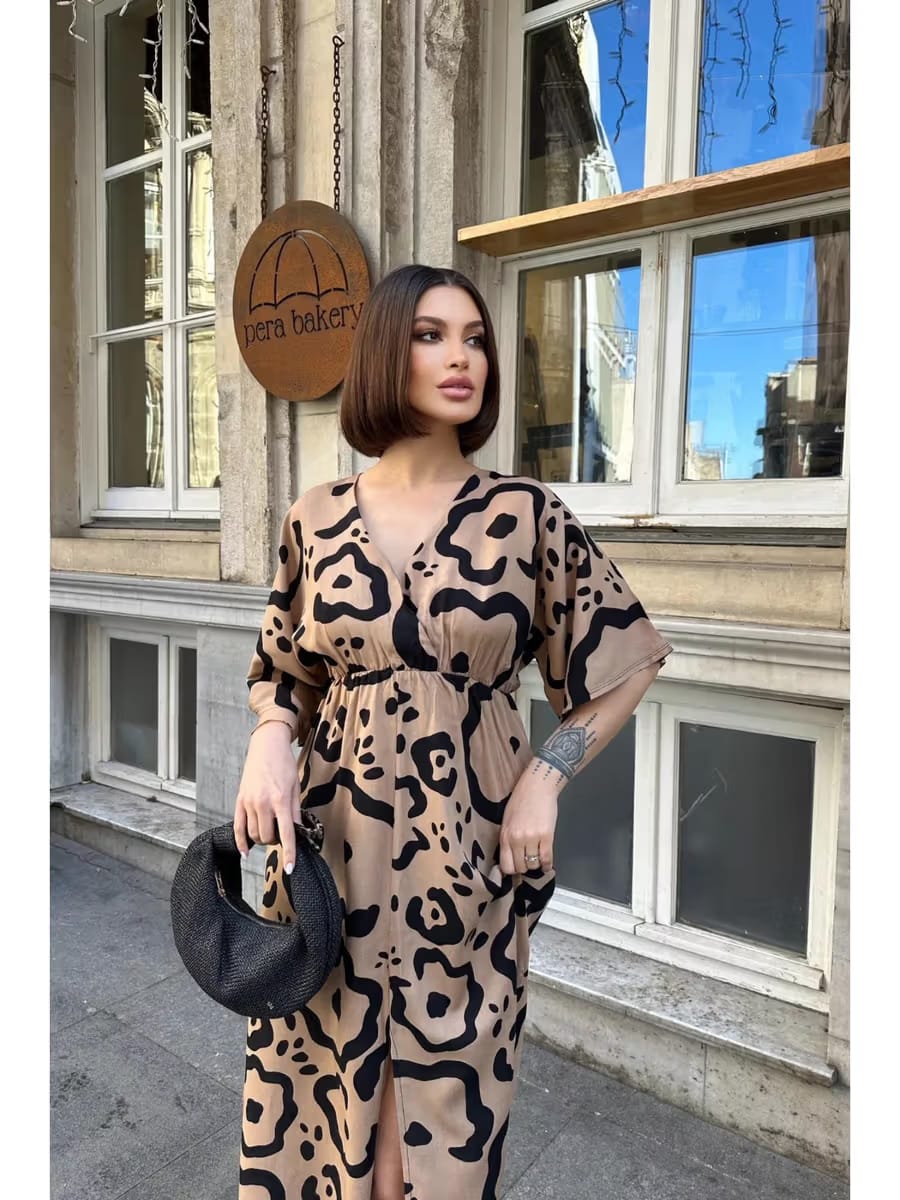 Women’s Beige & Black Abstract Printed Midi Dress