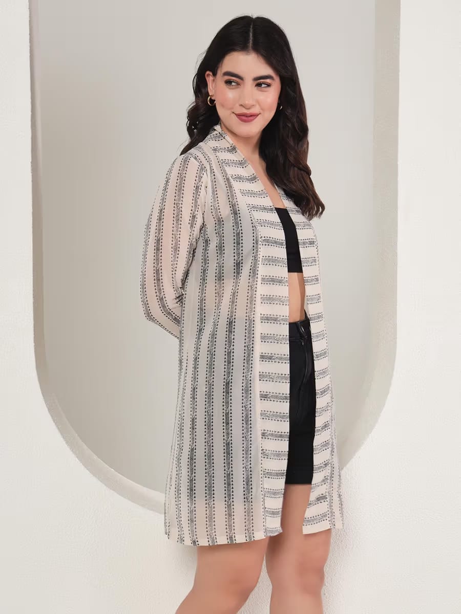 Women’s Beige Striped Longline Shrug – Lightweight Open Front Casual Layer