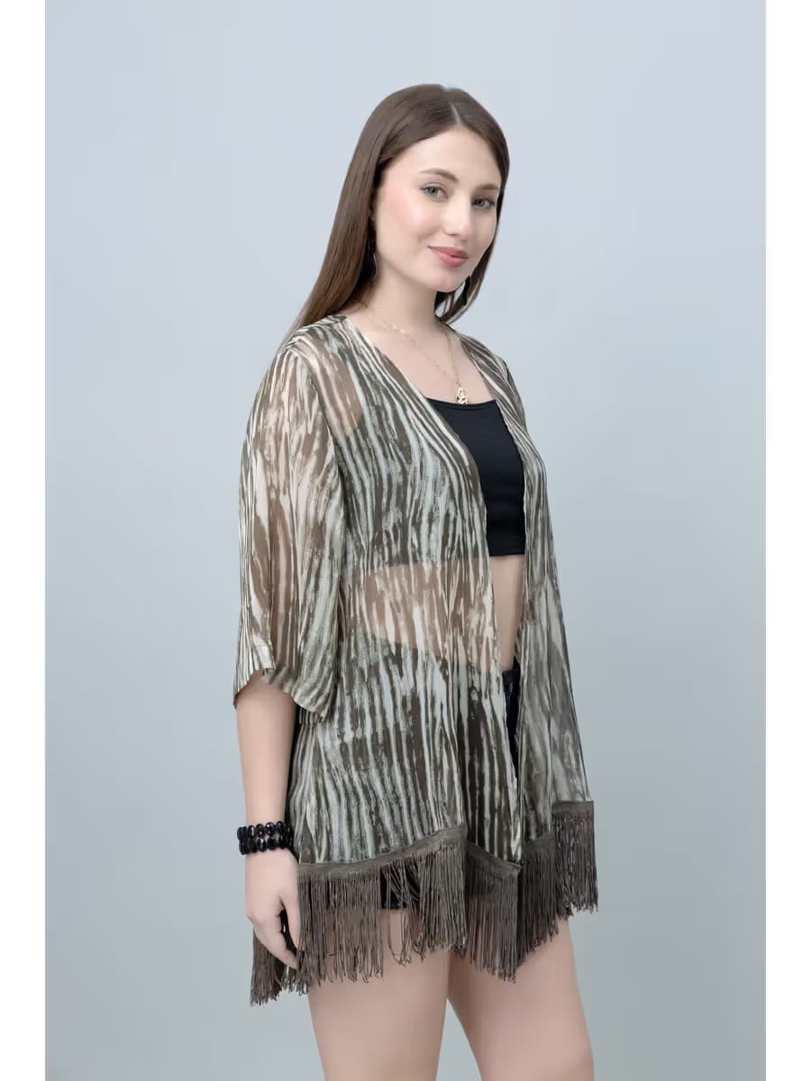 Women’s Olive Abstract Printed Fringe Kimono – Open Front Shrug