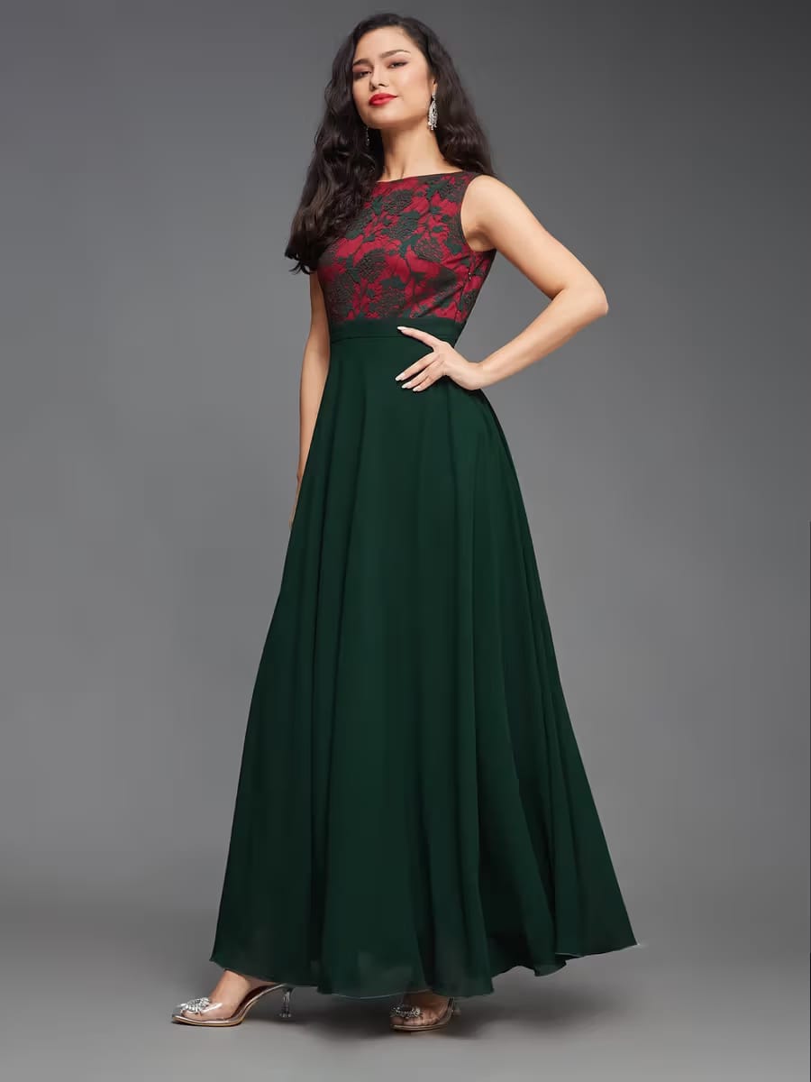 Women’s Sleeveless Floral Lace Maxi Dress – Red & Green