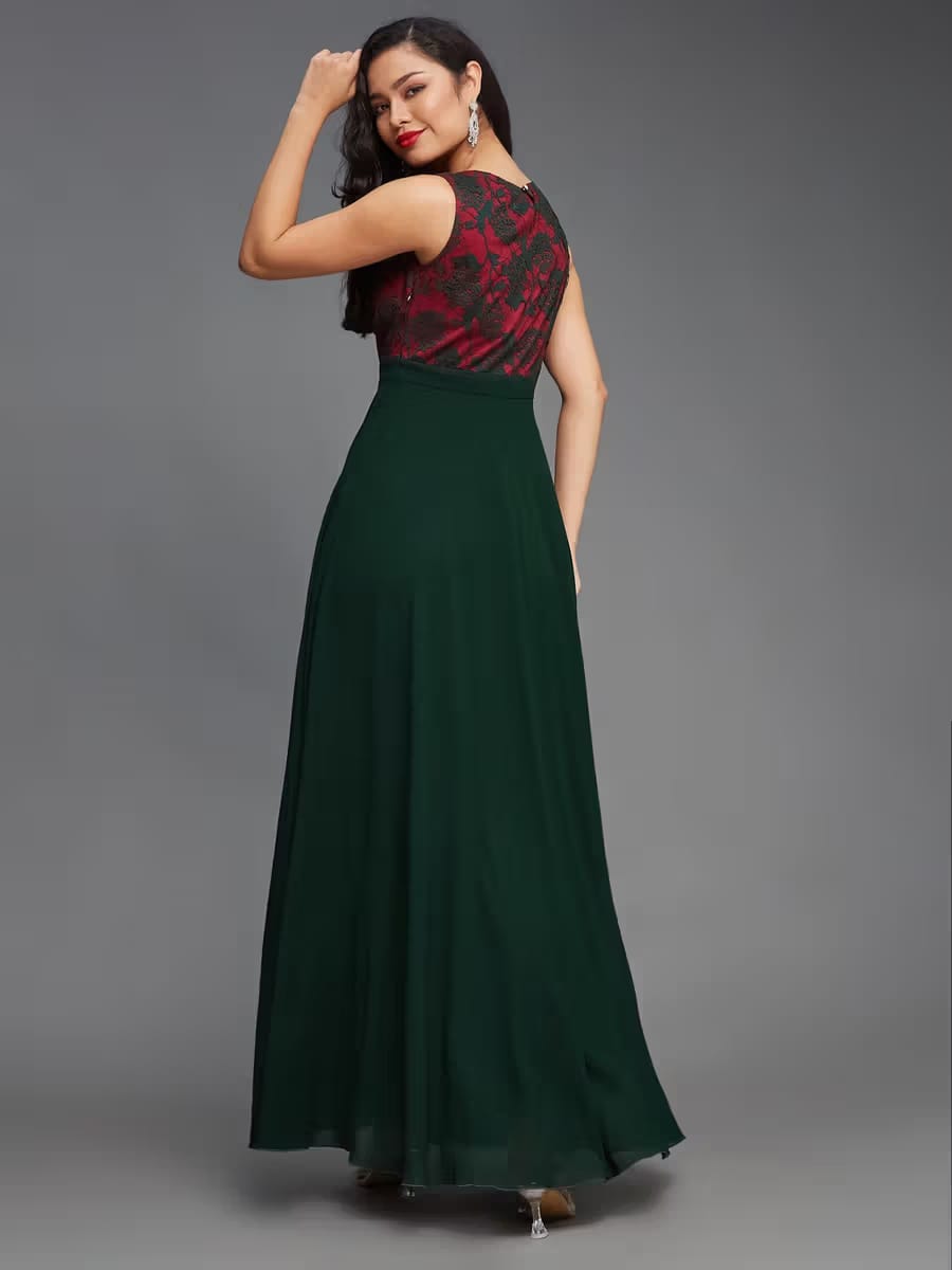 Women’s Sleeveless Floral Lace Maxi Dress – Red & Green