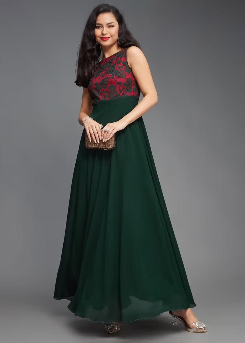 Women’s Sleeveless Floral Lace Maxi Dress – Red & Green