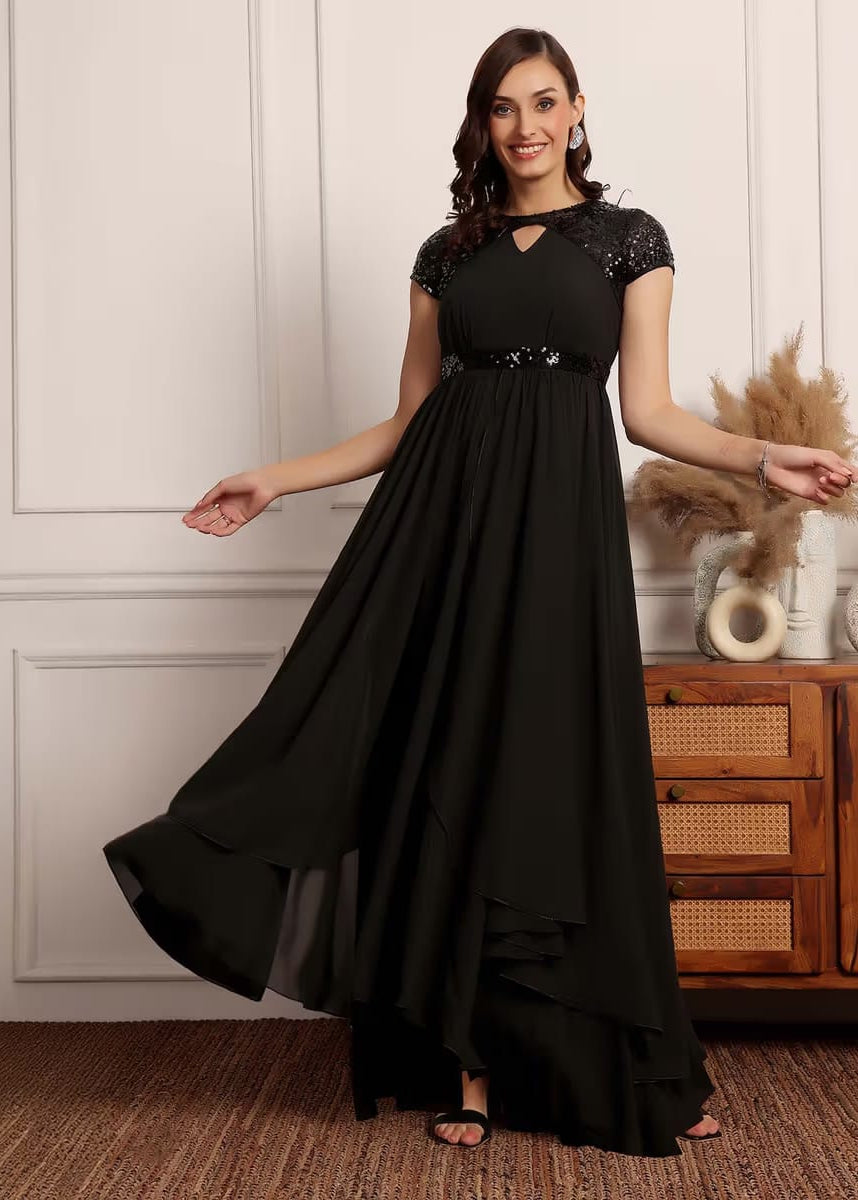 Women’s Elegant Black Sequin Keyhole Layered Maxi Dress