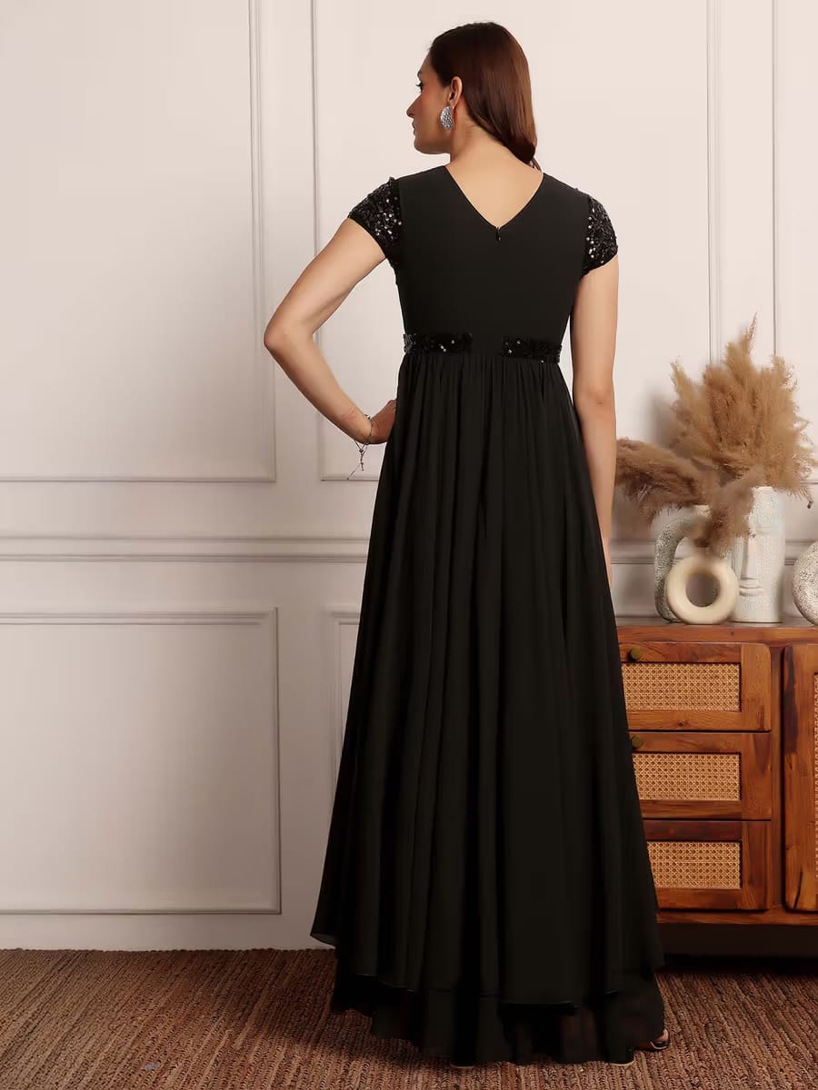 Women’s Elegant Black Sequin Keyhole Layered Maxi Dress