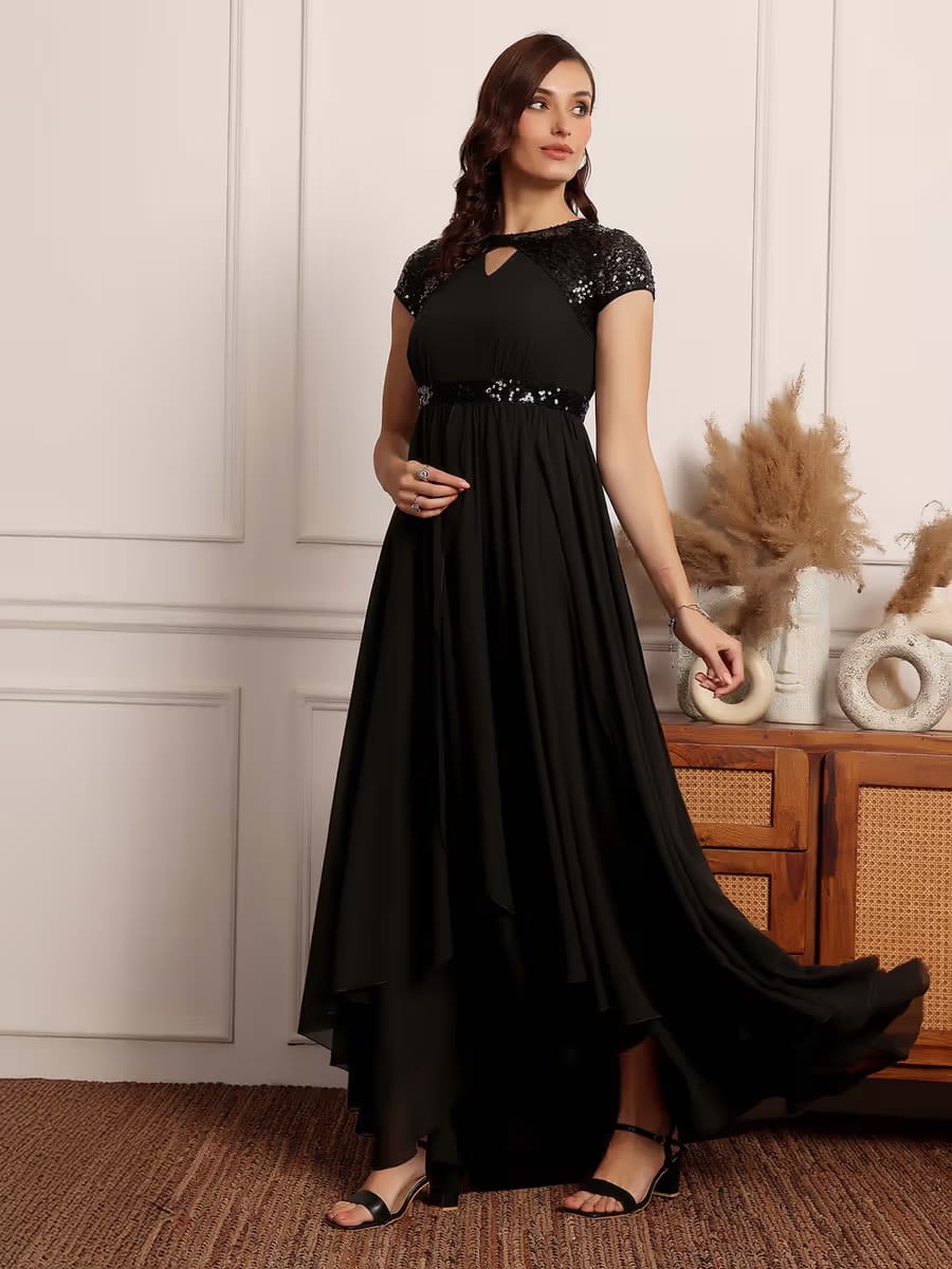 Women’s Elegant Black Sequin Keyhole Layered Maxi Dress