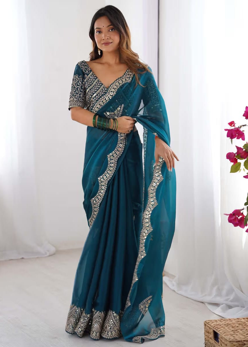 Women's Teal Blue Designer Embroidered Saree