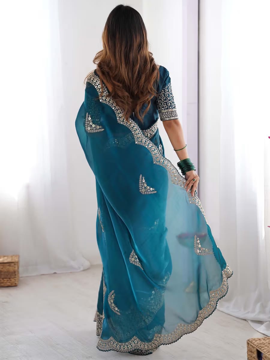 Women's Teal Blue Designer Embroidered Saree