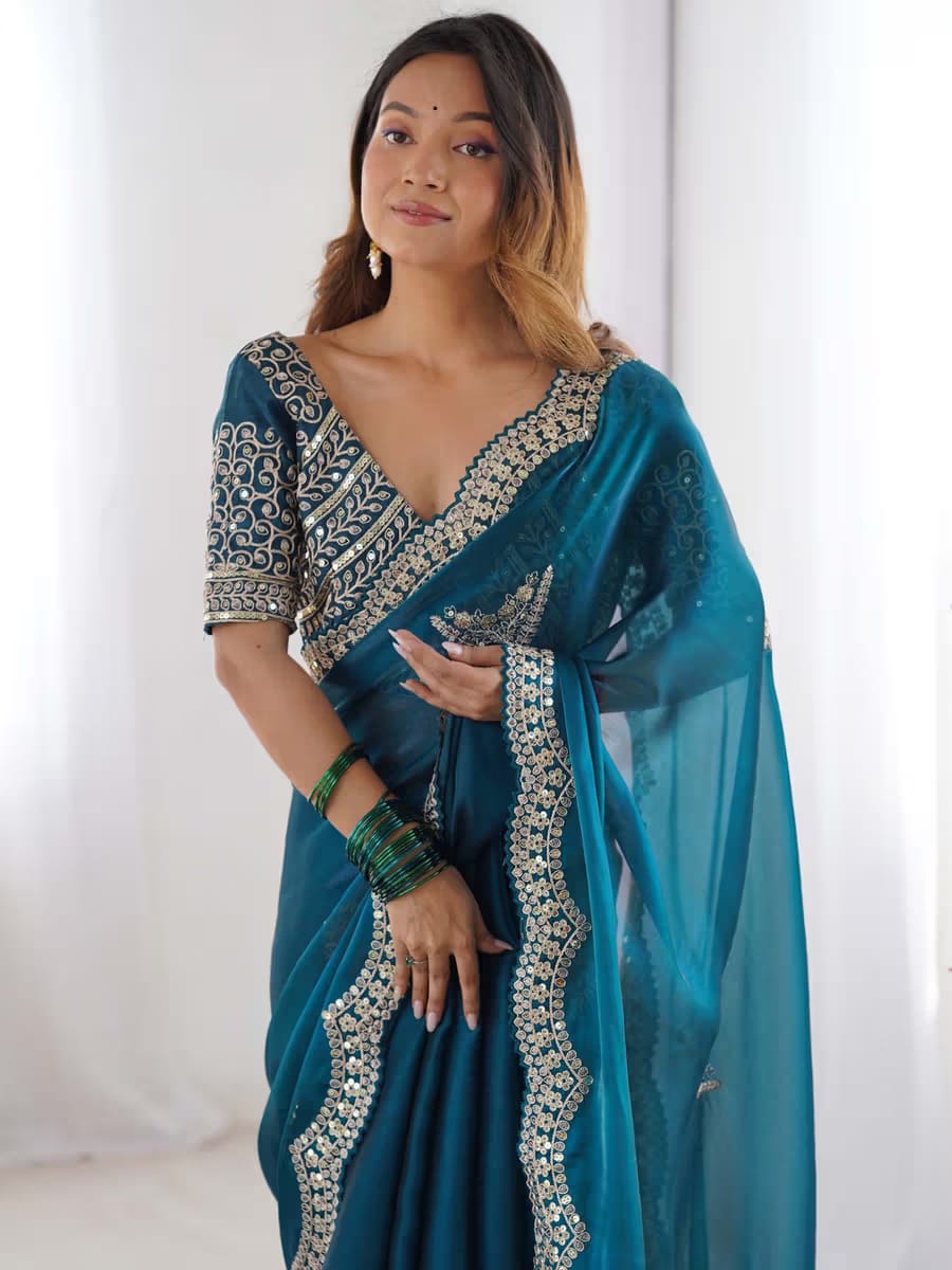 Women's Teal Blue Designer Embroidered Saree