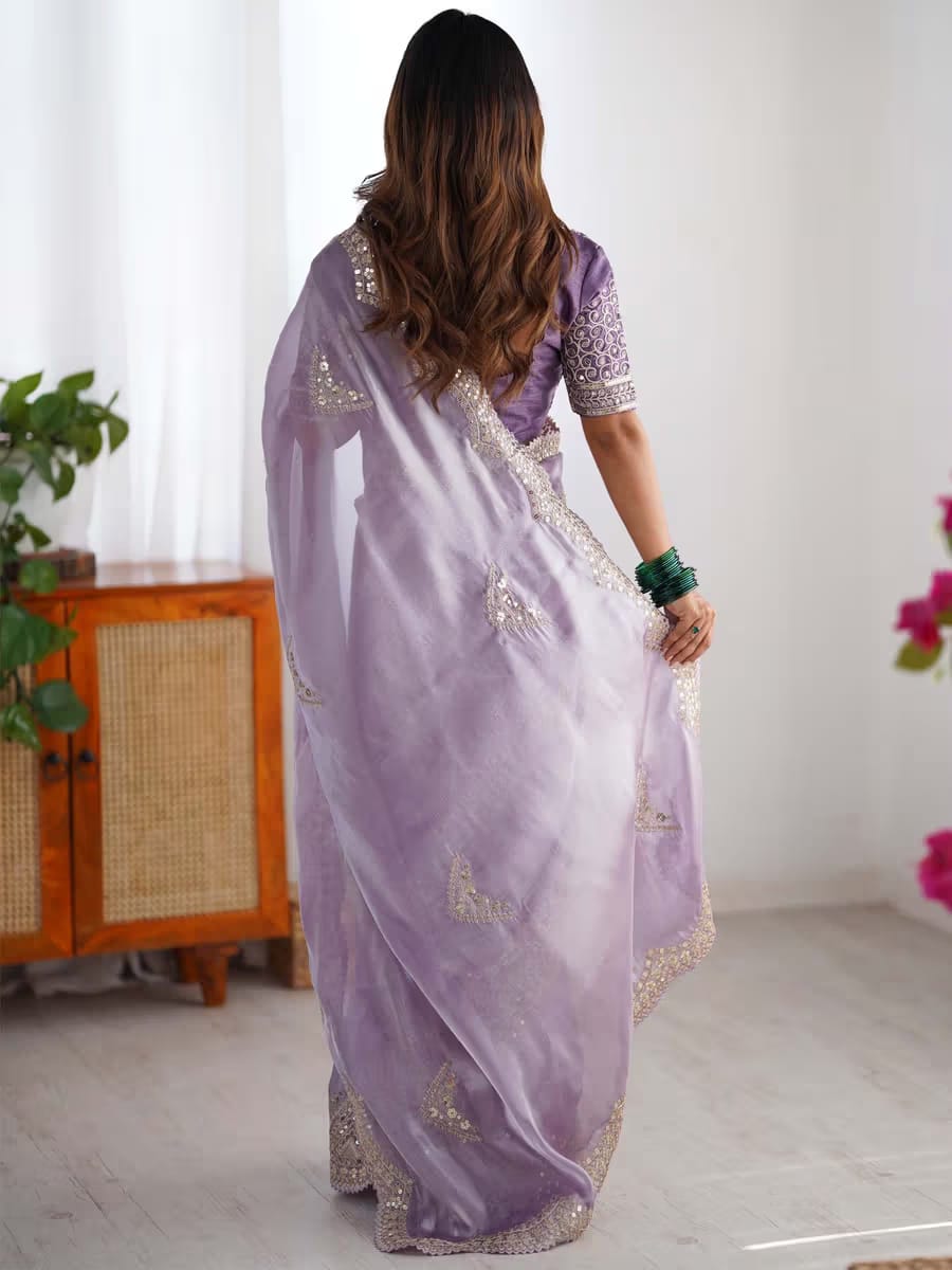 Women's Lavender Designer Embroidered Saree