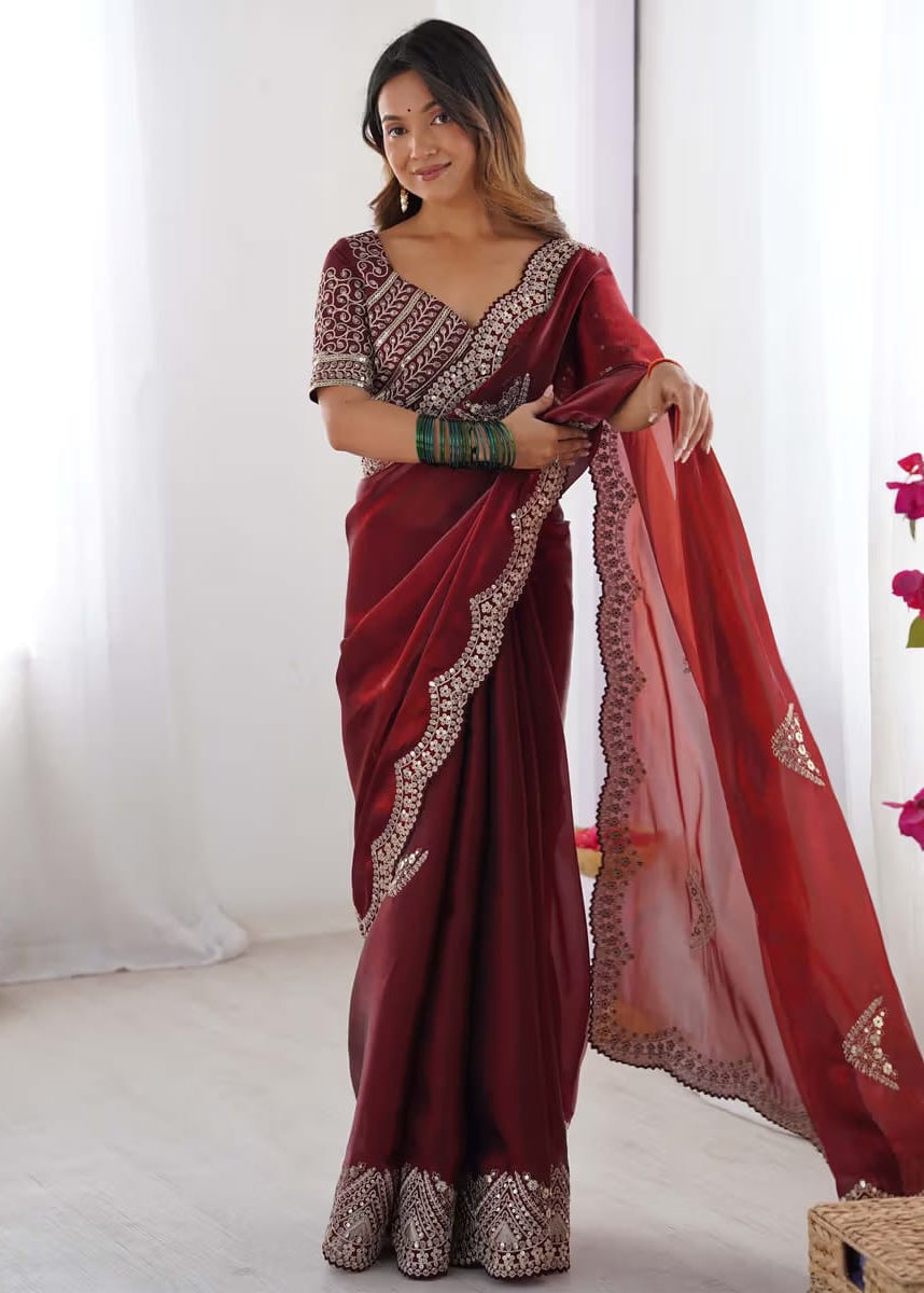 Women's Maroon Embroidered Designer Saree