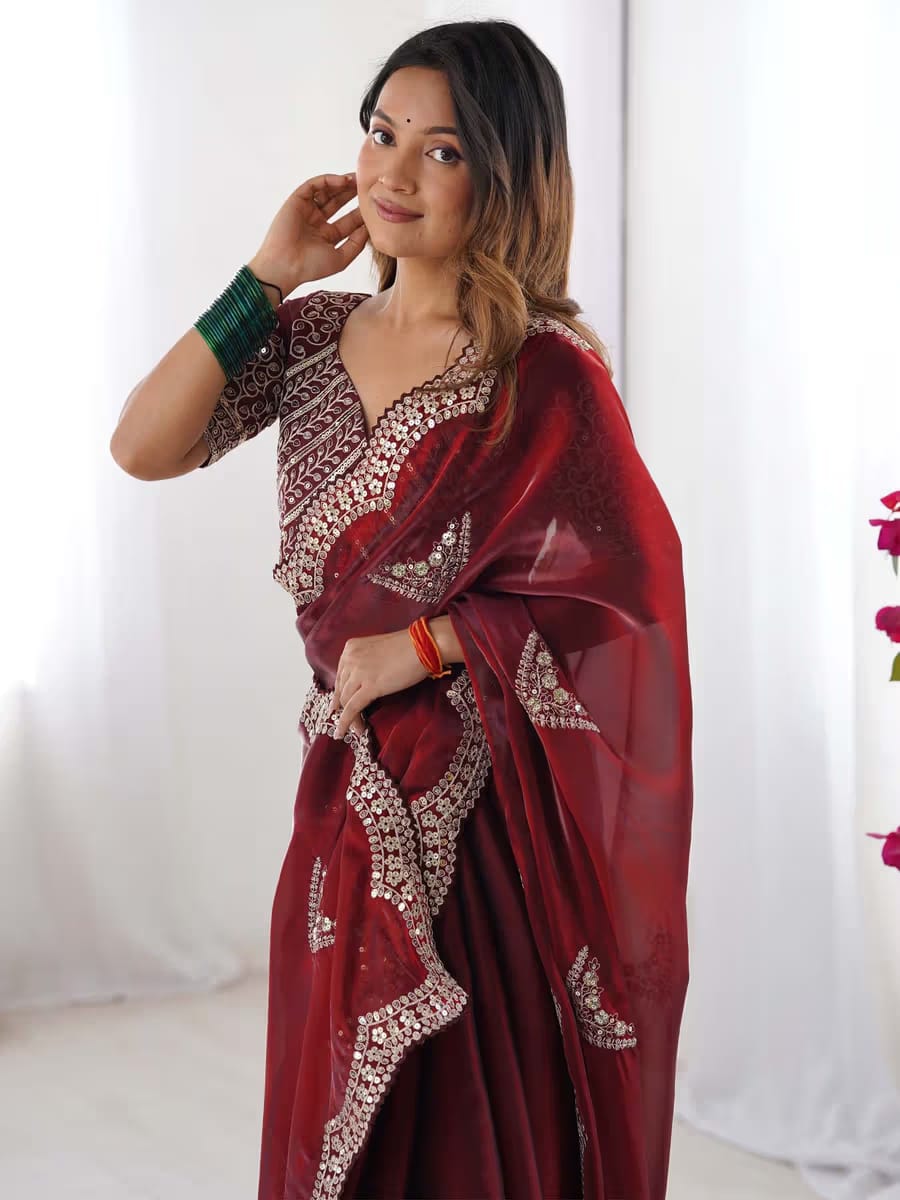 Women's Maroon Embroidered Designer Saree