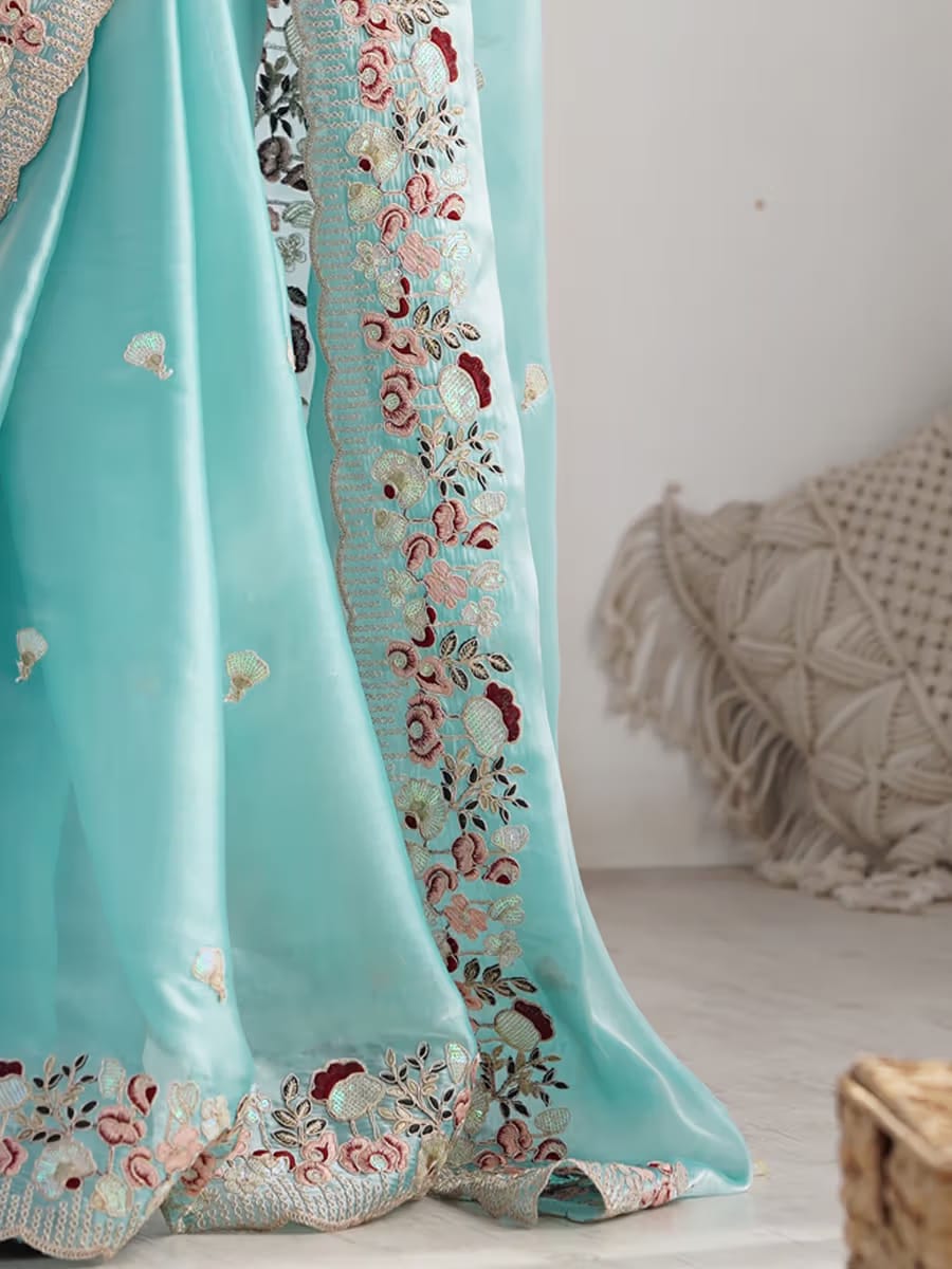 Women’s Sky Blue Embroidered Designer Saree
