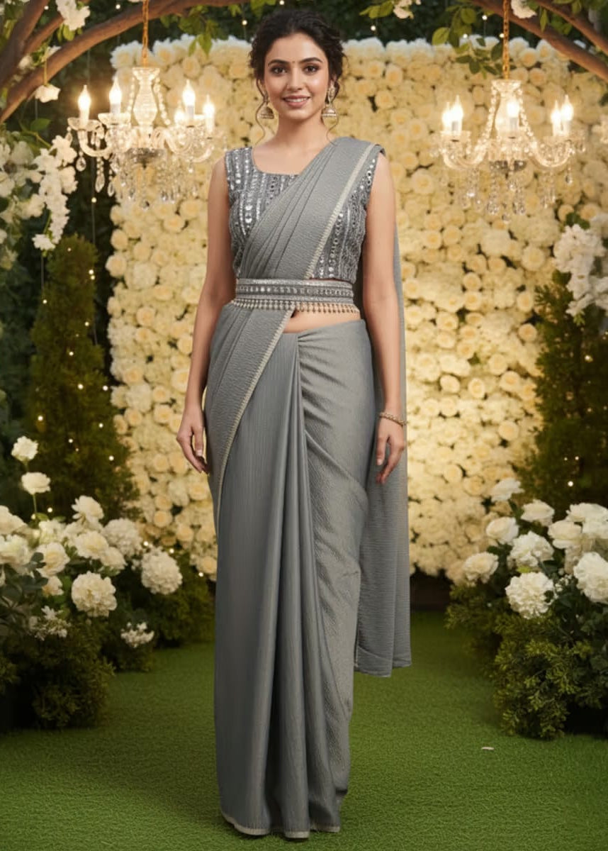 Women’s Elegant Grey Designer Ready to Wear Saree with Embellished Blouse