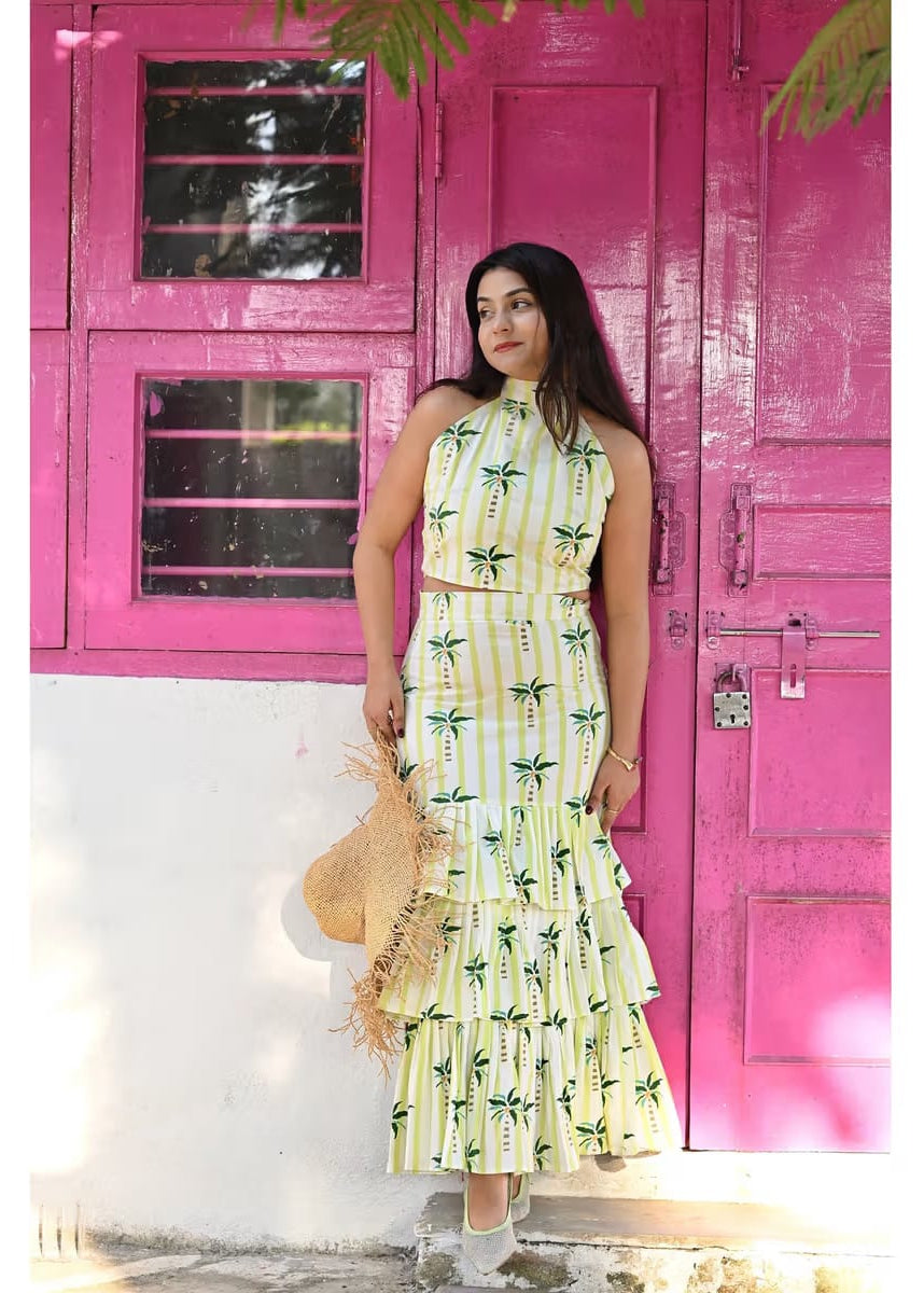 Women’s Palm Tree Printed Halter Neck Crop Top & Tiered Maxi Skirt Co-Ord Set