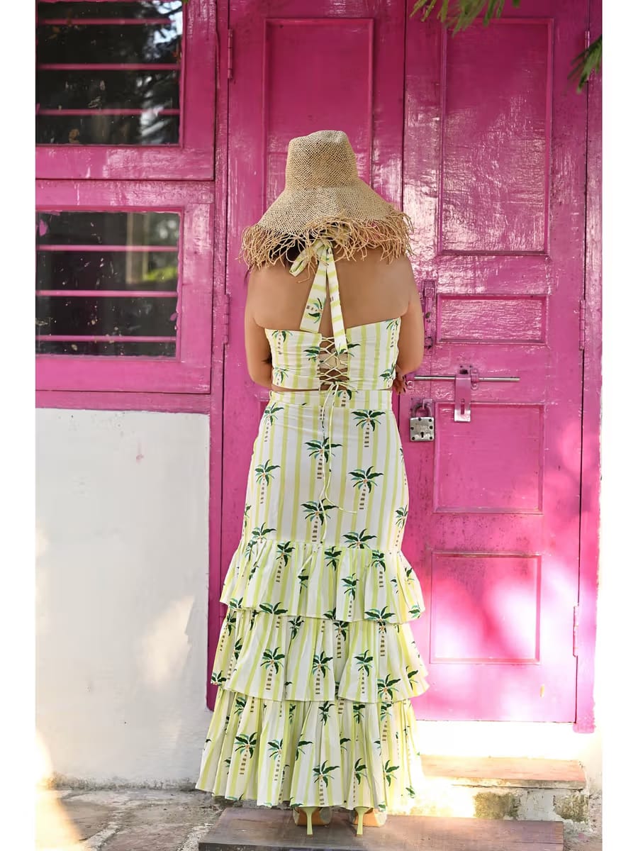 Women’s Palm Tree Printed Halter Neck Crop Top & Tiered Maxi Skirt Co-Ord Set