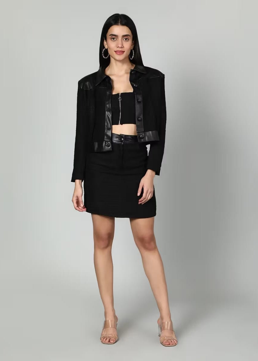 Women’s Black Crop Jacket with Tube Top & Mini Skirt Co-Ord Set