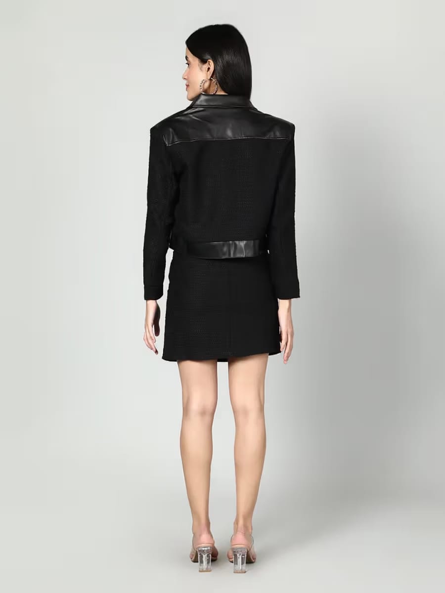 Women’s Black Crop Jacket with Tube Top & Mini Skirt Co-Ord Set