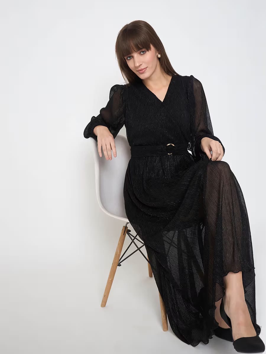 Women’s Elegant Black Belted Sheer Maxi Dress