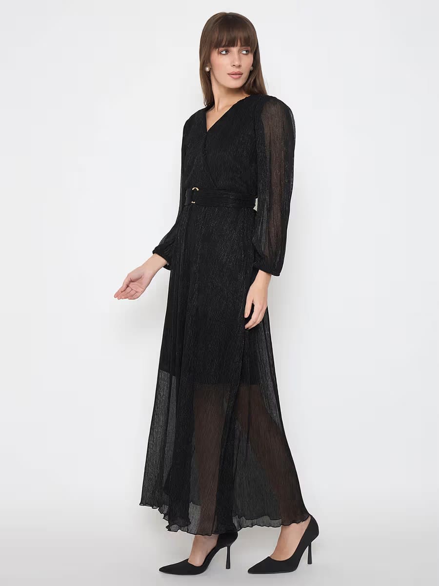 Women’s Elegant Black Belted Sheer Maxi Dress
