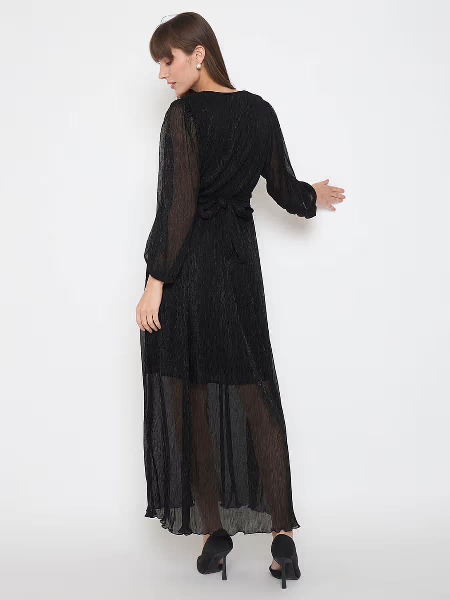 Women’s Elegant Black Belted Sheer Maxi Dress
