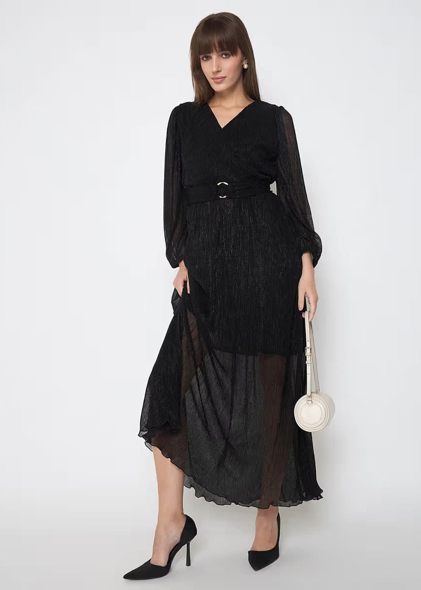Women’s Elegant Black Belted Sheer Maxi Dress